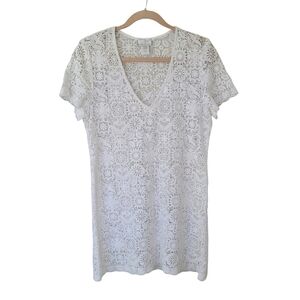 Miguelina White Cotton Crochet Lace Mini Tunic Dress Beach Coverup